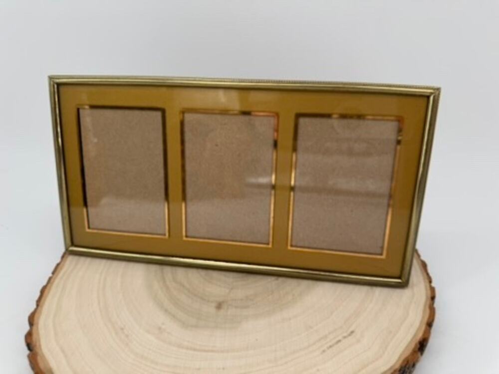 Vintage Gold Tone Triple Picture Frame 3 Opening 2x3 MCM Tabletop Wall Frame